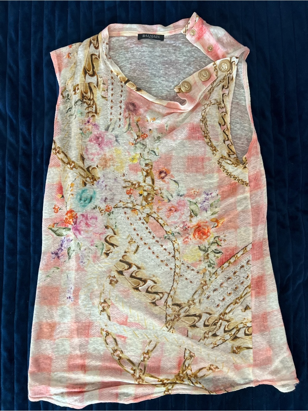 Balmain Paris Trompe-L’Oeil Floral Chain Print Asymmetric Sleeveless Top